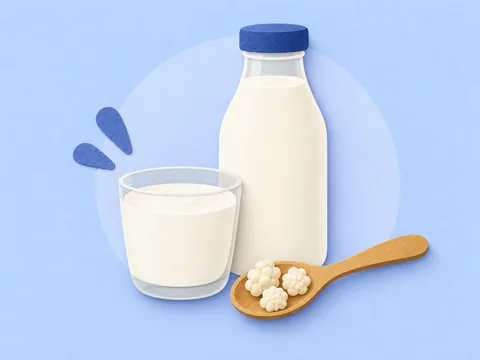 A bottle and glass of milk kefir beside kefir grains
