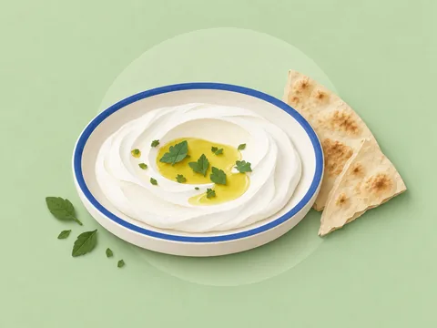 A shallow plate of labneh with olive oil and herbs