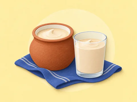 A terracotta pot and a glass of beige cultured baked milk on a blue cloth