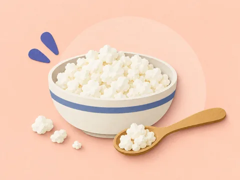 A bowl of soft white tvorog curds with a wooden spoon